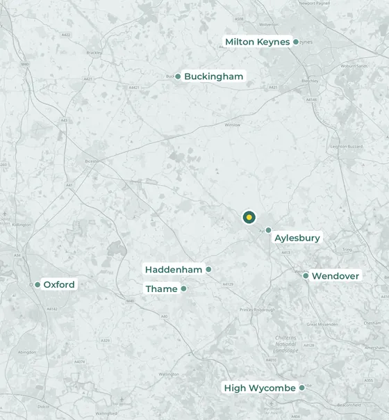 Map of the Vale of Aylesbury showing Therawake in Aylesbury and nearby towns: Wendover, Haddenham, Thame, Buckingham, High Wycombe, Milton Keynes and Oxford